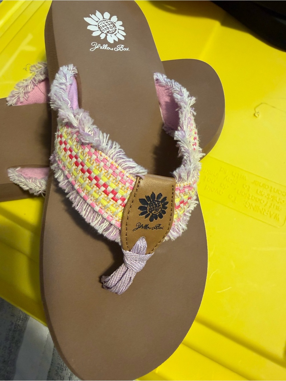 Yellow Box Pink Woven Fringe Thong Sandals with Tan Footbed